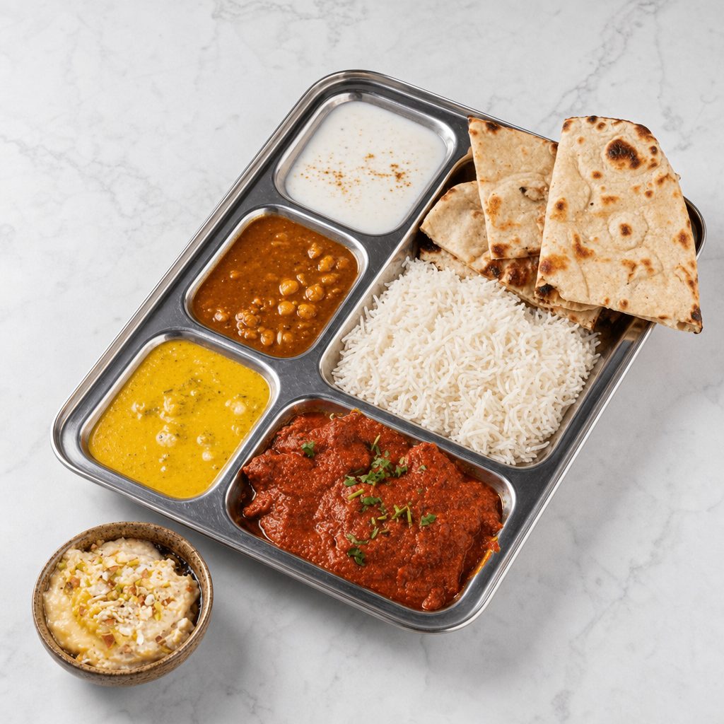 Goat Thali with Dessert.