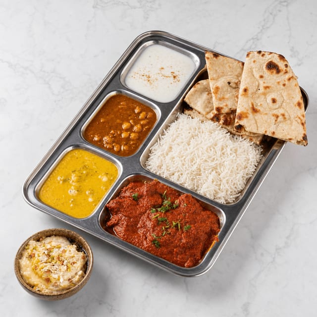 Goat Thali with Dessert.