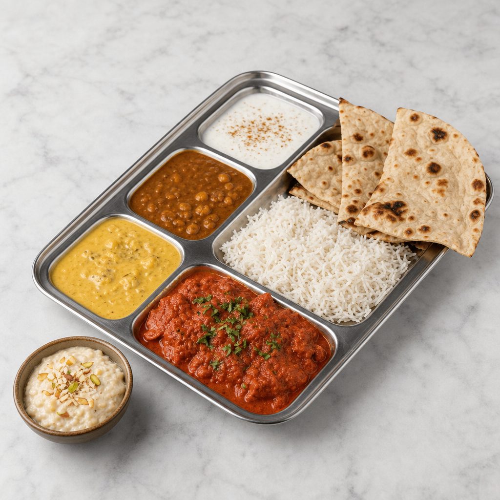 Chicken Thali with Dessert.