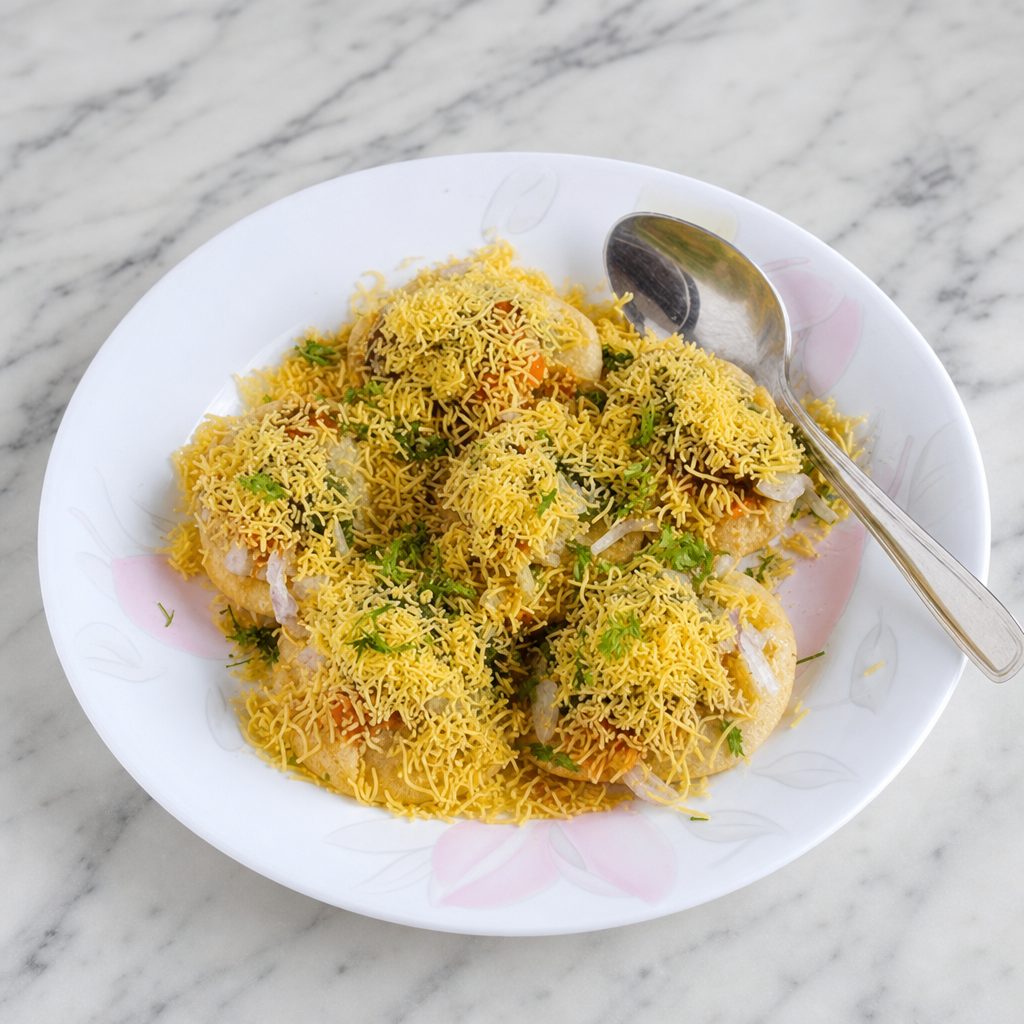 Sev Puri (Mini-puri Shelled with Sev / Chick Pea Savory).