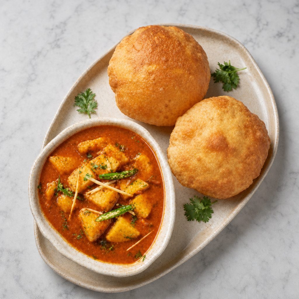 Aloo Puri (Potato Curry with Puff Bread).