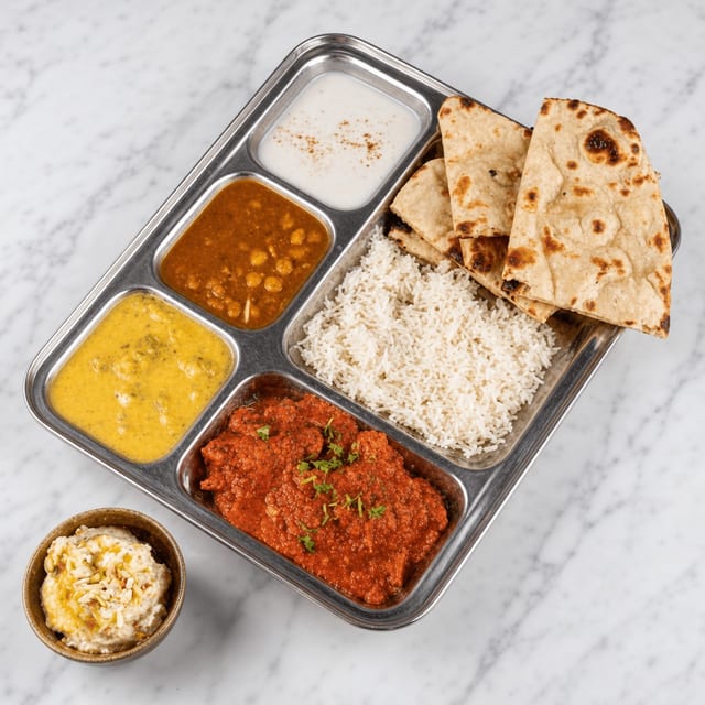 Vegetable Thali with Dessert.