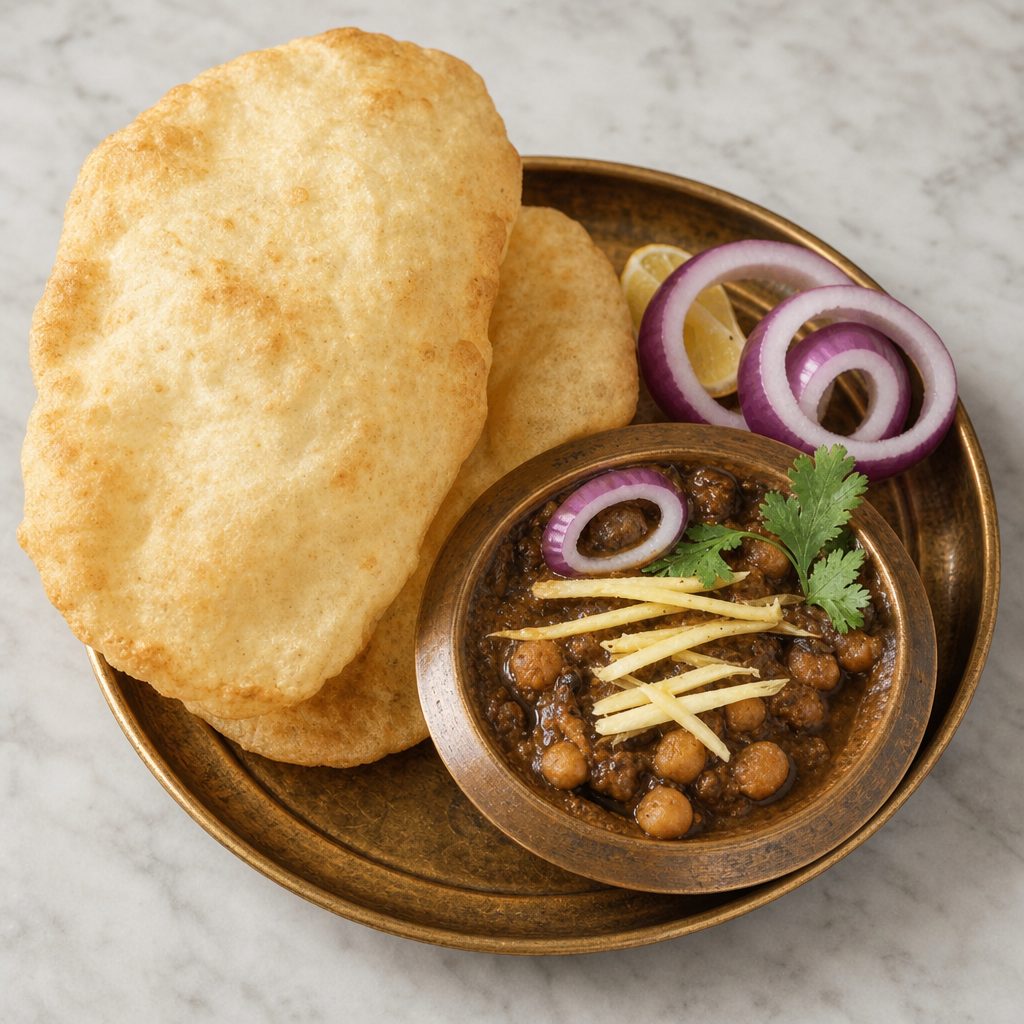 Choley Bhatura (Garbanzo Curry with Puff Bread).