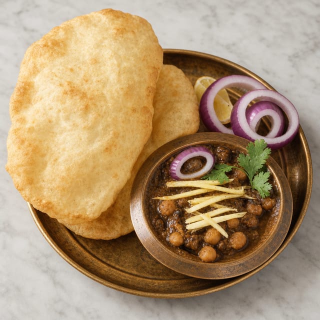 Choley Bhatura (Garbanzo Curry with Puff Bread).