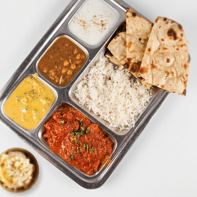 Chicken Thali with Dessert.