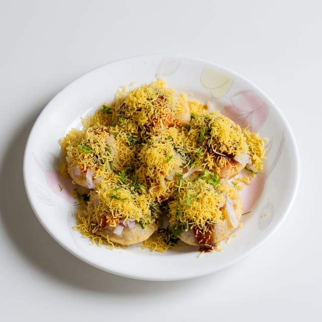 Sev Puri (Mini-puri Shelled with Sev / Chick Pea Savory).